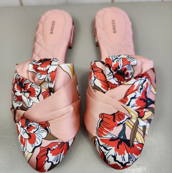 Birdies Preppy Casual The Songbird Floral Slip-On Mules Satin Peach Pink 7 - Picture 3 of 13